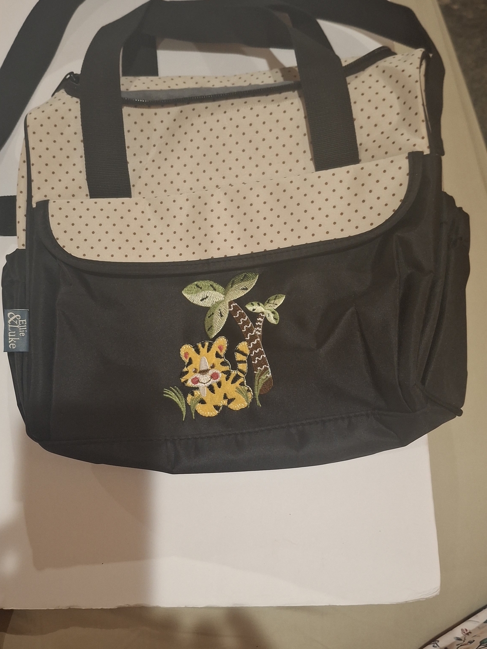 Black and Cream Polka Dot Tote Diaper Bag with Embroidered Tiger
